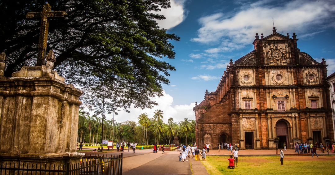 Historic Portuguese-era basilica and open square in Goa