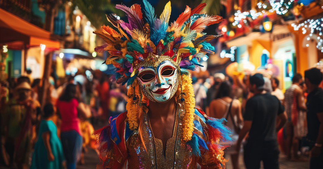 Vibrant Goa carnival celebration with a colourful mask costume