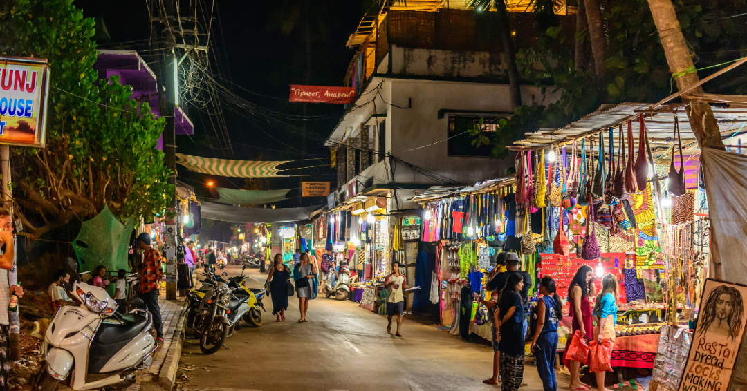Lively Goa night market with food and local stalls